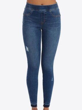 Spanx Pull-On Jeans Medium Wash Raw Hem Faux Fly Back Pockets Size M